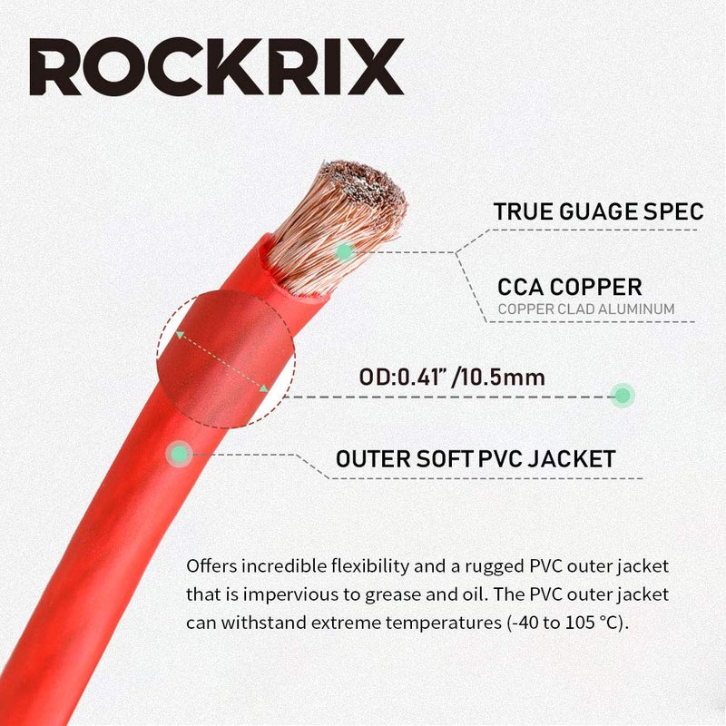 ROCKRIX كابل ROCKRIX 4 قياس أحمر بطول 25 قدم لتوصيل الطاقة/الأرضي لل amplifiers، كابل بلمسة ناعمة - Image 2